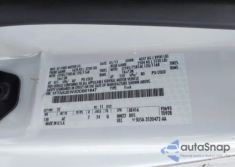 2013 Ford E-250 Commercial z USA, uszkodzony, nr VIN 1FTNS2EW3DDB01847